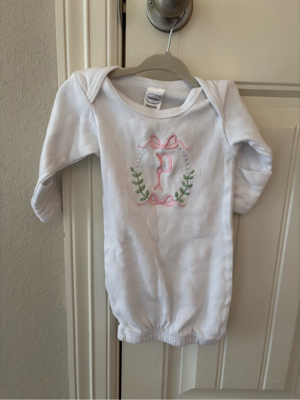 White Baby Gown with Pink Embroidered ‘P’ Monogram